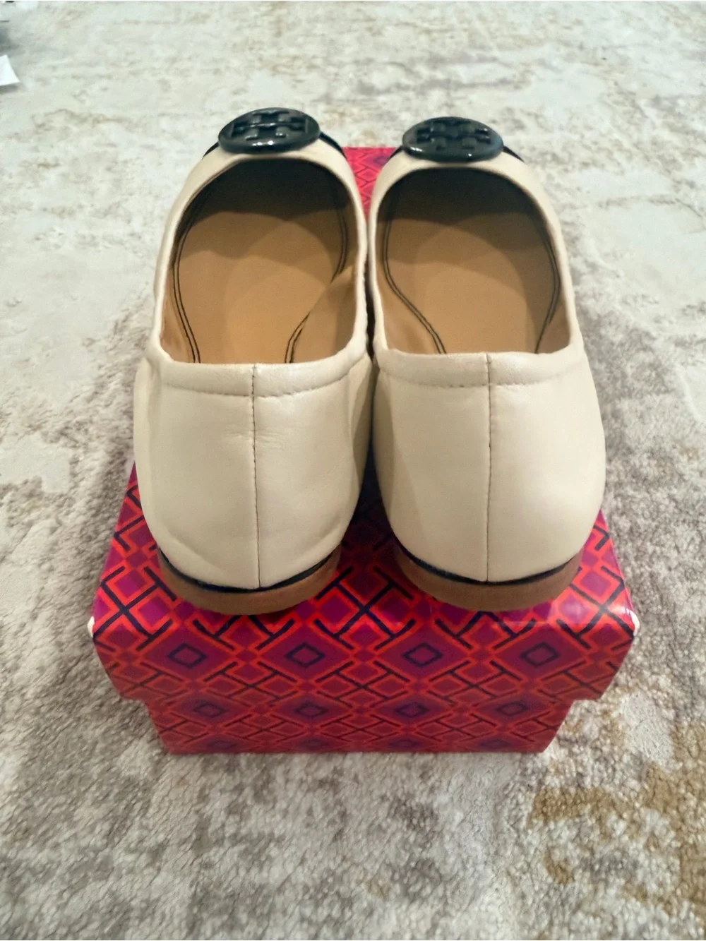 Tory Burch Two-Tone Cream Leather Ballet Flats with Black Patent Cap Toe